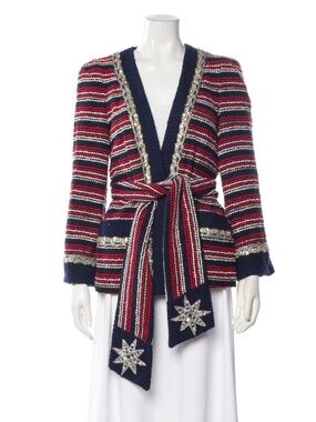 Gucci Crystal-Embellished Striped Boucle Jacket Red/Navy Cotton-Blend Size 42